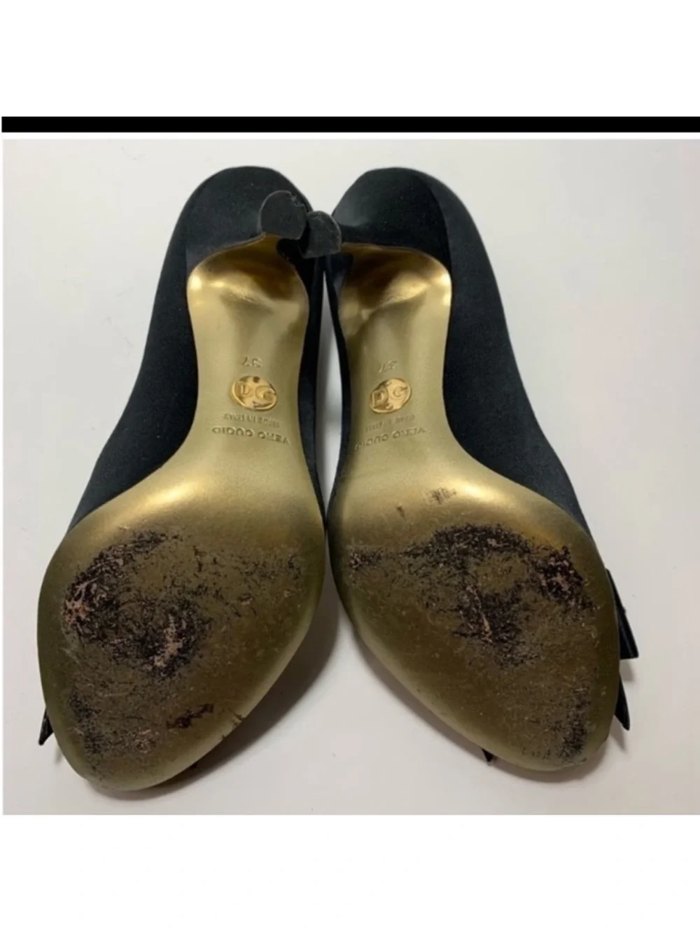 Dolce & Gabbana Black Satin Peep-Toe Pumps with Gold Lining and Crystal Bow